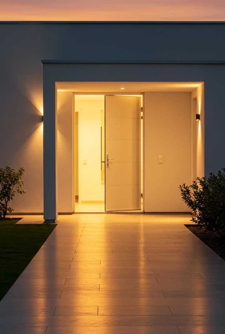 Modern home entrance with warm lighting