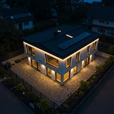 Aerial view of modern home at night